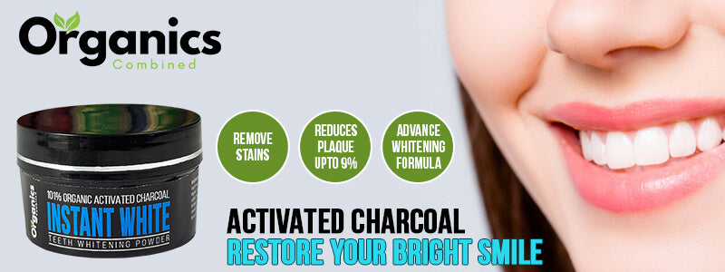 Activated charcoal product with benefits listed and a close-up of a smile.