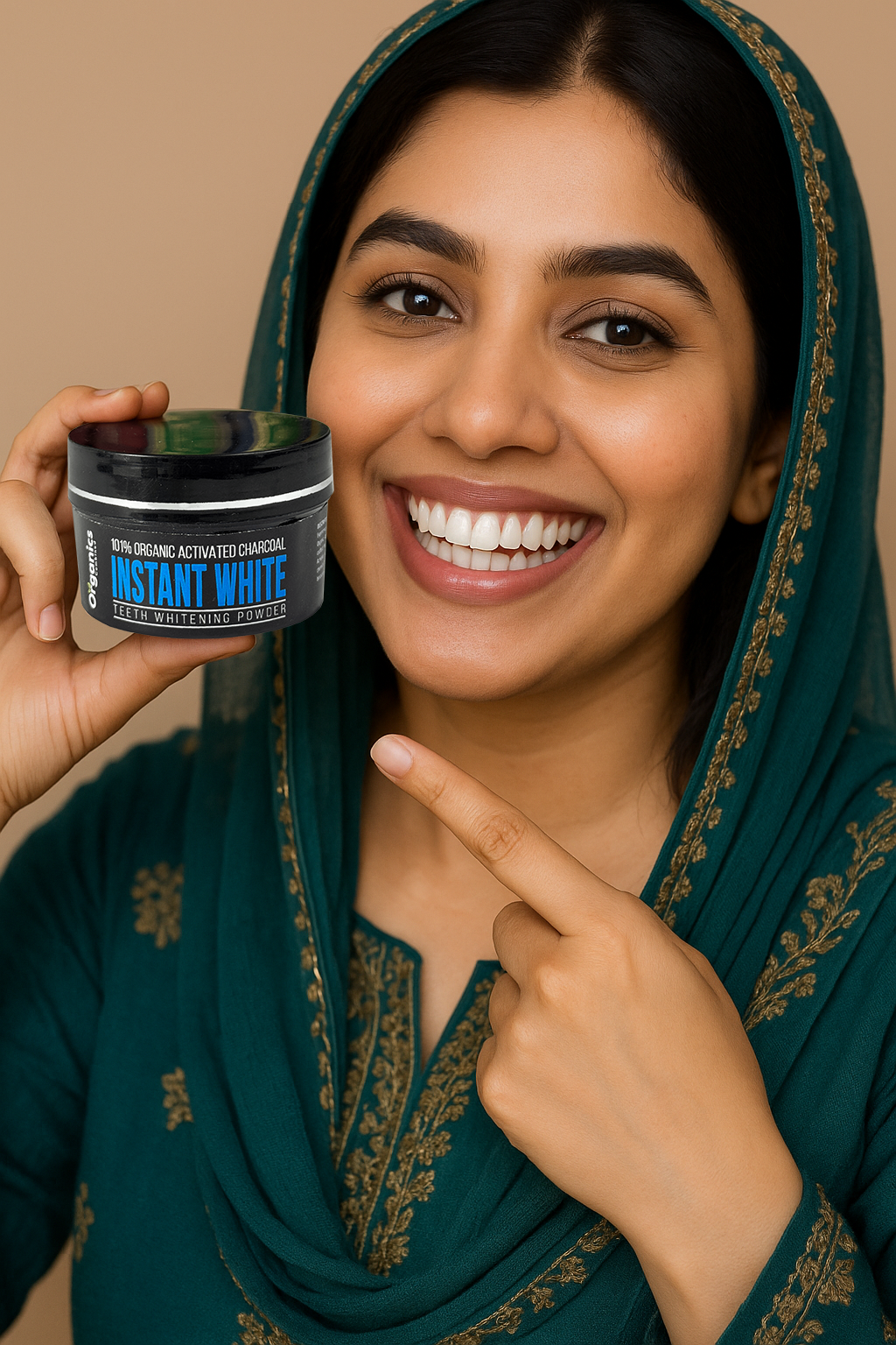 Woman holding a jar of 'Instant White' Organic Teeth Whitening Activated Charcoal Powder